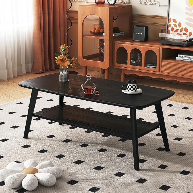 Coffee Table Small Solid Wood Center Table Mid Century Vintage Living Room Coffee Table, (Black 47.24 Inch)