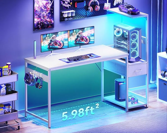 Casaottima 54'' Gaming Desk with LED Lights & CPU Stand, Reversible Computer Desk with Storage Shelves & Fabric Drawer, Modern PC Gamer Table with Headphone Hook, Carbon Fiber White