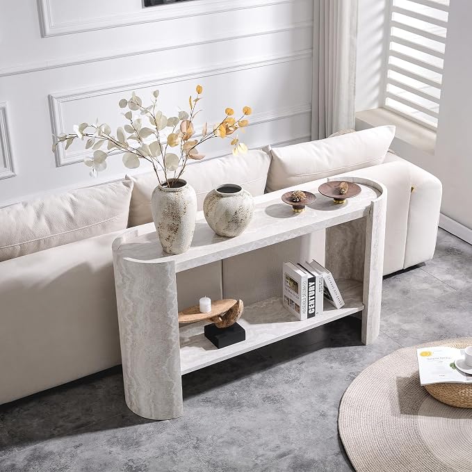 LKTART 53" Console Table for Entryway with Faux Marble Pattern, Couch Tables Behind Sofa, Space-Saving Wooden Entry Foyer Hallway Table with Shelf, Modern Console Sofa Tables for Hallway Organization