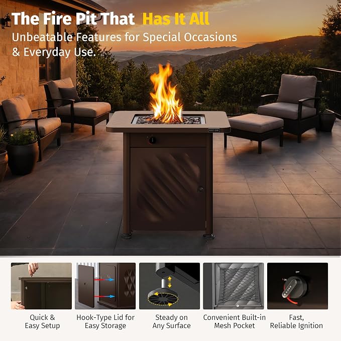 East Oak 28โ Outdoor Propane Fire Pit Table | 52,000 BTU Gas Fire Pit for 2-4 People with Space-Saving Hock Lid, Mesh Pocket & Lava Rocks | CSA Certified Safe for Patio, Deck, Backyard, Brown