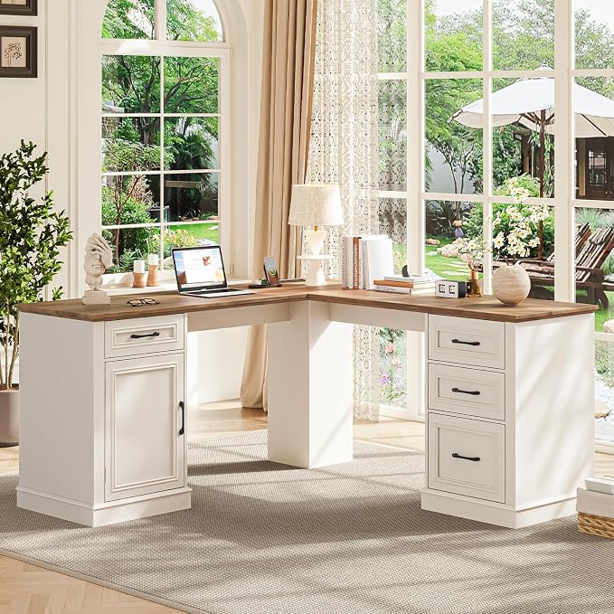 Halitaa Farmhouse 59" L-Shaped Executive Desk with Drawers, Wood Home Office Corner Desk with File Drawer, Storage Cabinet, Rustic Computer Writing Desk for Home Office.White-Brown