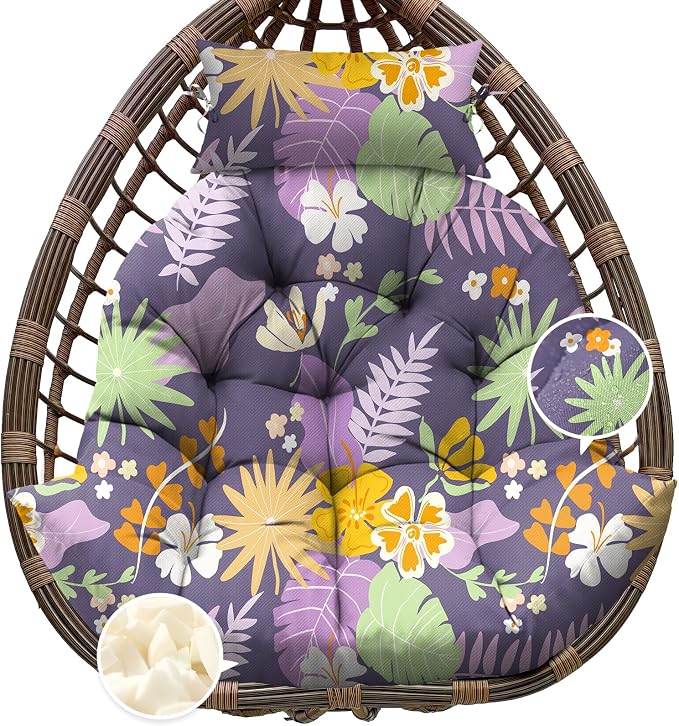 Outdoor Hanging Egg Chair Cushion Replacement, Extra Large Waterproof Egg Swing Cushions with Headrest Pillow and Ties, U-Shaped Thickened Cushion for Hanging Eggs Chair (Purple Floral Leaf)