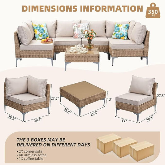 7-Piece Patio Furniture Set, Outdoor Wicker Sectional Sofa with Coffee Table, Anti-Slip & Thick All-Weather Cushions for Party,Garden,Backyard, Beige