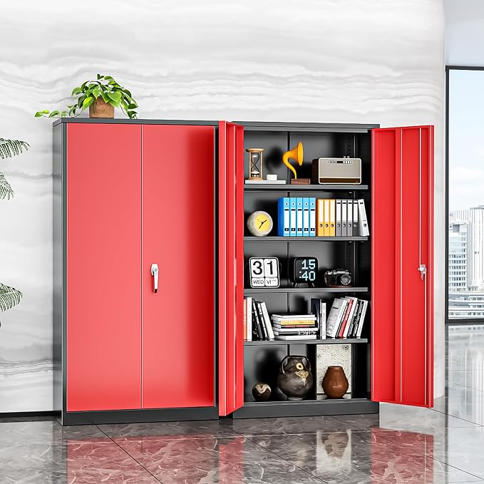 INTERGREAT Metal Storage Cabinet, 72” H Storage Cabinet with 2 Doors and 4 Adjustable Shelves for Office, Home, Garage, Pantry (Assembly Required, Black Red)