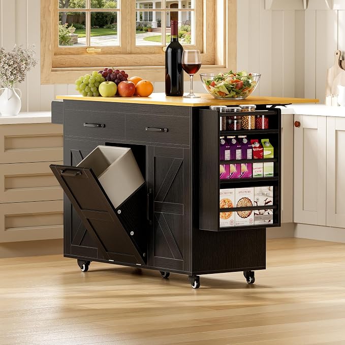 YESHOMY Kitchen Island on Wheels with Trash Cabinet, 56" Mobile Cart with Drop Leaf and Drawers, Rolling Portable Table with Spice Rack & Towel Holder for Dining Room, Black & Oak