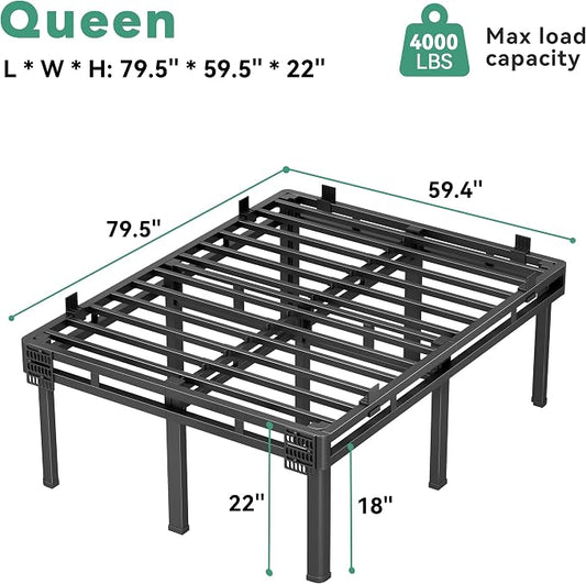 Superay Queen Bed Frame, 22 inch Metal Bed Frame & Box Spring 2 in 1 Platform with Rounded Legs, Double Layer Bed Frame with Matress Gasket & headboard Adapter, Support Up to 4000lbs