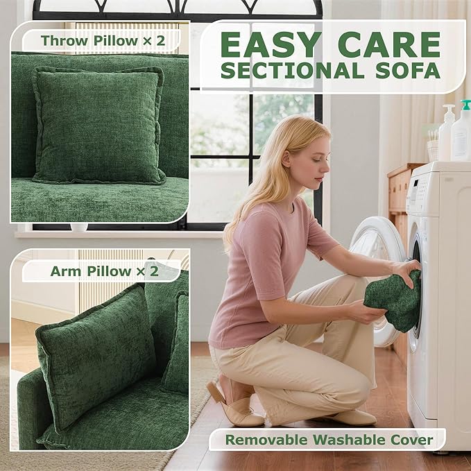 78" Modular Sectional Sofa, Cloud Couch Loveseat Sofa, Deep Seat Washable Chenille Fabric Sofa with Throw Pillows, 2 Seat Modern Couches for Living Room Bedroom Apartment, Green