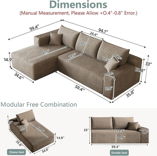 95" Modular Sectional Sofa, Modern Corduroy Cloud Couch with Side Pockets, Boneless Couch Upholstered 3-Seater L-Shaped Sofa for Living Room, No Assembly Required (Camel,Left-Facing Chaise)