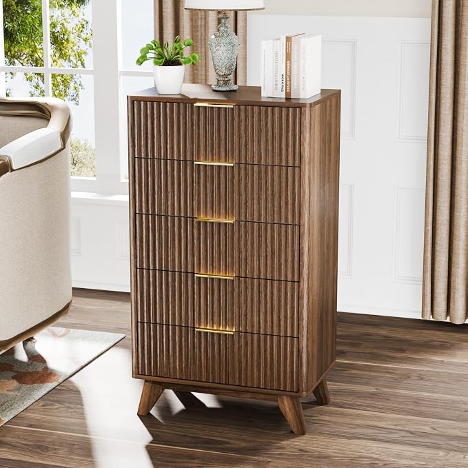 VINGLI Fluted Tall Dresser 5 Drawer, 23.66" W Chest of Drawers, Walnut Wood Dresser for Bedroom Mid Century Modern with Rounded Edge, 23.66" W*15.59" D*44.88" H