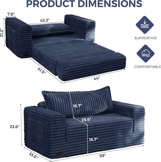 MAXYOYO Convertible Sofa Bed, 2 in 1 Folding Couch Bed for Small Space, Pull Out Loveseat Sofa Couch with Large Back Pillow, Plush Faux Fabric Lounge Couch for Living Room, Apartment, Navy