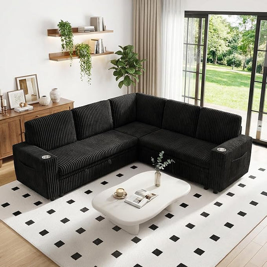 Sectional Sleeper Sofa with Pull Out Bed, 5-Seat L-Shaped, Black | Plush Corduroy Modular Couch with Hidden Storage, USB Charging & Cup Holders, Cozy Small Sectional Couches for Living Room.