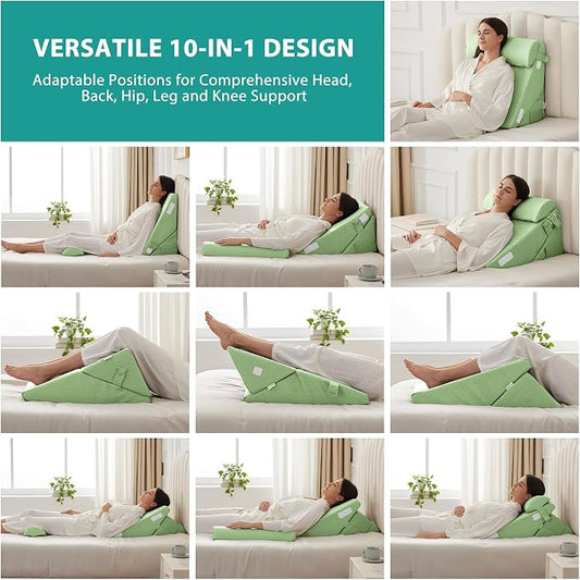 3Pcs Orthopedic Bed Wedge Pillow Set, Foam Wedge Pillow Post Surgery for Back, Leg and Knee Support, Adjustable 9&12 Inch Folding Triangle Pillow for Sleeping, Acid Reflux, Snoring, Green