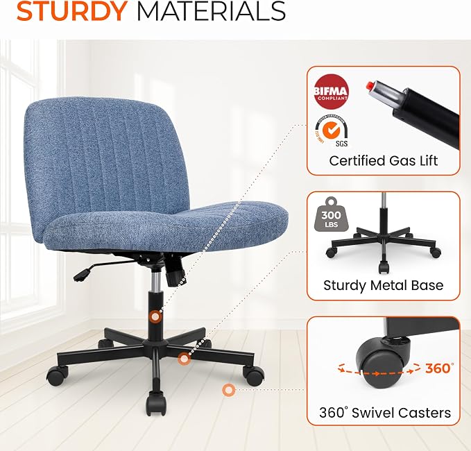 Orange Factory Criss Cross Chair Wheels Wide Cross Legged Office Desk Vanity Chair Comfy Fabric Armless Adjustable Swivel for Home Computer Task (Blue Wheel, Fabric)