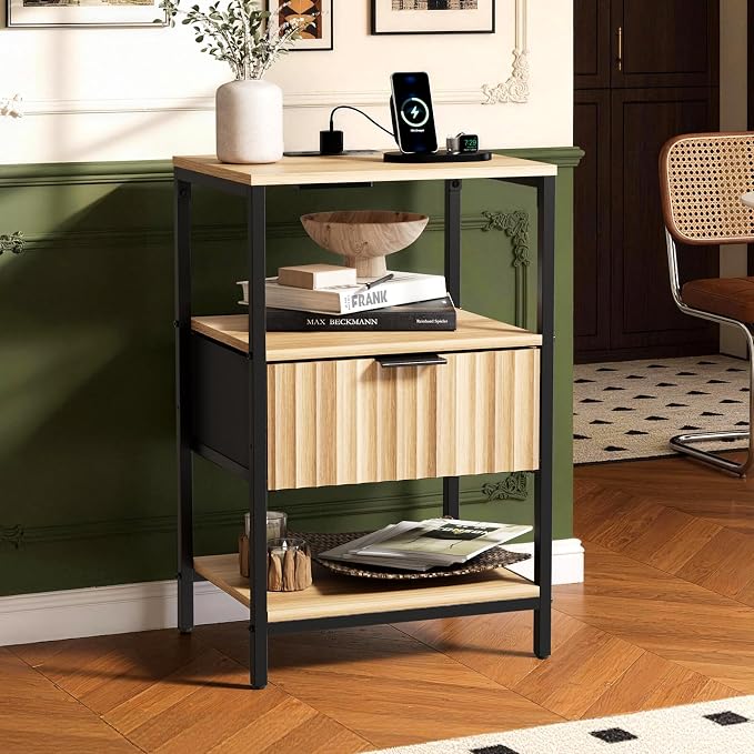 VINGLI Nightstands Set of 2 with Fabric Drawer, Fluted Nightstand with Charging Station, Oak Night Stand Set 2 Bed Side Tables, End Tales Bedroom with Charger Station, 14.96"W*11.81"D*23.7"H, 2 pcs