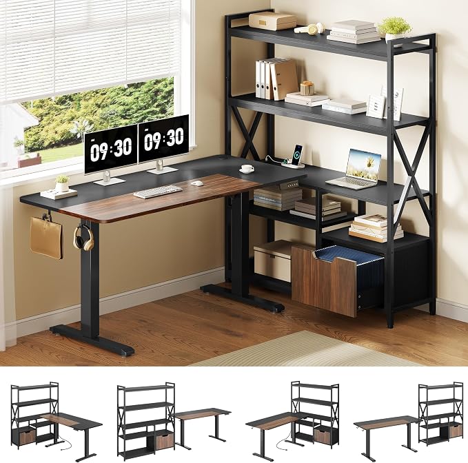 77.8 Inches L Shaped Standing Desk Corner Desk with Hutch Electric Height Adjustable Desk with Storage Shelves File Drawer Power Outlets Reversible Computer Gaming Desk for Home Office Black
