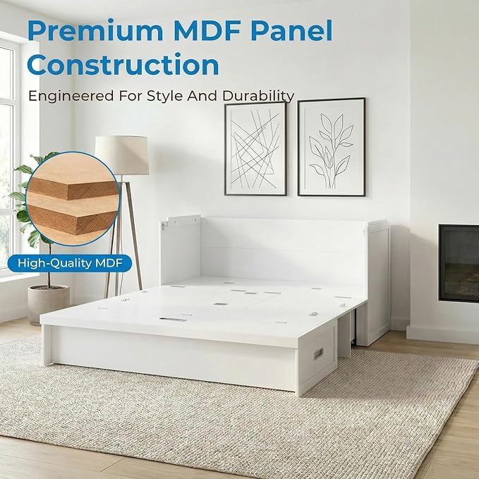 Mjkone Queen Murphy Bed with Mattress Include, Murphy Cabinet Bed with USB Charging Station, Hidden Cube Cabinet Beds with Large Storage Drawer for Bedroom Guest Room Home Office, White