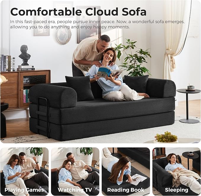 79" 5-in-1 Convertible Sofa Bed No Assembly, Boneless Couch Bed with High Density Foam, Foldable Sleeper Sofa, Corduroy Modular Couch for Apartment, Studio, Dorm Room, Small Space, Black