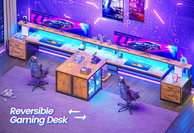 SEDETA 78.7” Large L Shaped Desk with Storage Drawers, Office Desk with File Drawer and Display Cabinet, L Shaped Gaming Desk with Storage, Power Outlet and LED Lights for Home Office, Rustic Brown