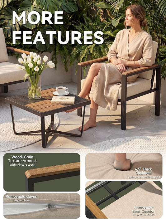 5-Piece Patio Furniture Set with Fire Pit Table & Coffee Table & Removable Washable Cushions, All-Weather Metal Frame and Wood-Like Armrests for Porch, Garden, Balcony,Beige