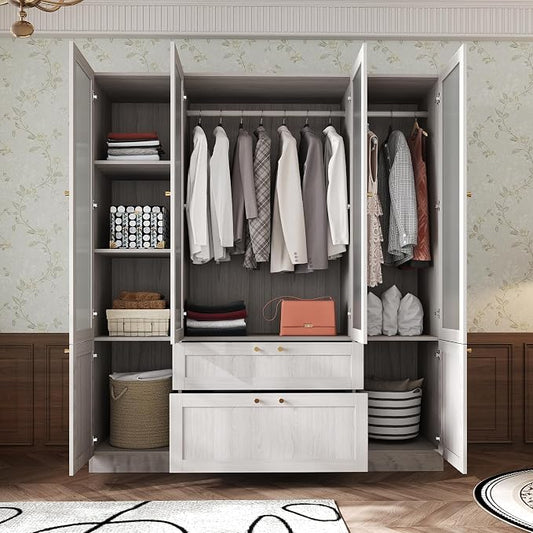 Modern Almirah for Clothes, Large Tall Storage Closet Cabinet with Frosted Tempered Glass Doors and Shelves, Standing Armoire Clothes Closet with Storage Drawers for Bedroom,Light Wood Grain