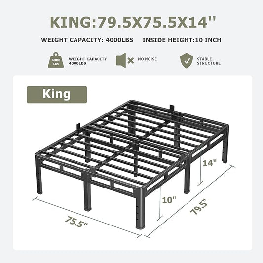 NKZ King Size Bed Frame 14 Inch, Metal Bed Frame & Box Spring 2 in 1 Platform with Round Corner Legs, 4000lbs Weight Capacity Reinforced Metal Frame, Headboard Hole, Noise-Free, Easy Assembly