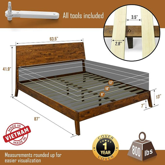 Acacia Serenity Bed Frame with Headboard Solid Wood Platform Bed, Queen Bed Frame, Tall Headboard Wood Bed Compatible with All Mattress Types, No Box Spring Needed, Quick & Easy Assembly, Caramel