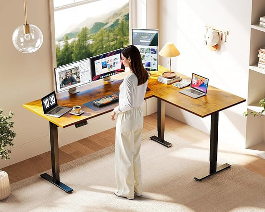 Casaottima 63 Inch Reversible L Shaped Electric Standing Desk, Ergonomic Height Adjustable Desk, Large Lift Corner Stand up Table for Workstation, Home Office, Reception Room, Rustic Brown