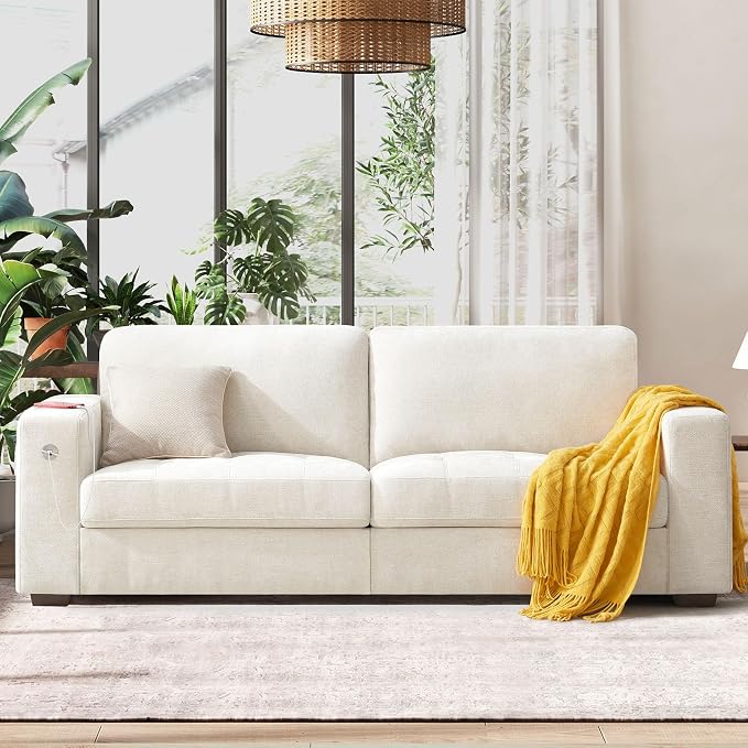 Hanherry 89" Sofa for Living Room, Modern Comfy Sofa with Medium Firm Seat Cushion, Removable Cover,Wide Armrest,USB/Type-C Port,Chenille Fabric Couches for Small Space,Apartment
