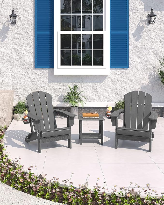 GarveeLife Folding Adirondack Chair Set of 2 with Side Table, All-Weather HDPE Outdoor Chair, Wooden Textured with Cup Holder for patios, Decks, Gardens, fire pits, Grey