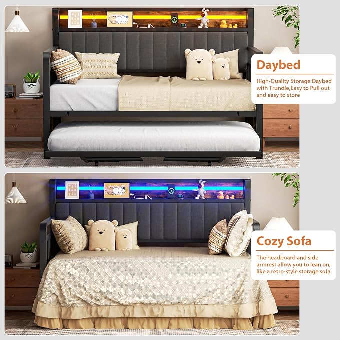 Daybed with Trundle and LED Light, Heavy Duty Metal Twin Bed Frame with Upholstered Storage Headboard & Charging Station, Day Bed Pop Up Trundle Bed Twin for Living Room,Bedroom and Guest Room, Brown