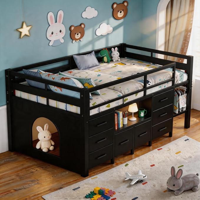 Einhomn Twin Low Loft Bed with 8 Drawers, Bookshelf, Heavy Duty Metal Kids Loft Bed with 13 Inch Safety Guardrail, Play Curtain, Under-Bed Play Area - Black