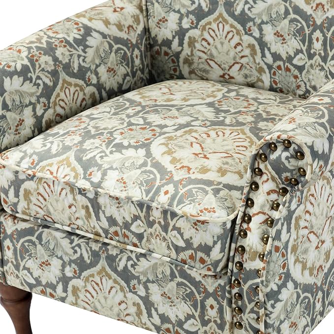 HULALA HOME Modern Wingback Accent Chairs Set of 2 with Wood Legs & Removable Cushion, Comfy Upholstered Armchairs with Nailhead Trim, Floral Pattern Single Sofa Chairs for Living Room Bedroom, Pine