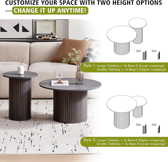 Round Nesting Coffee Table Set of 2, Fluted for Small Spaces | Modern style, suitable for living rooms, roller design, wooden