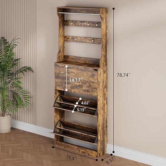 Shoe Storage Cabinet, Wood Shoe Organizer for Entryway with 3 Flip Drawers, Freestanding Shoe Rack with Adjustable Shelf, Narrow Shoe Dresser for Front Door Entrance (Brown, Tall 3 Drawers)