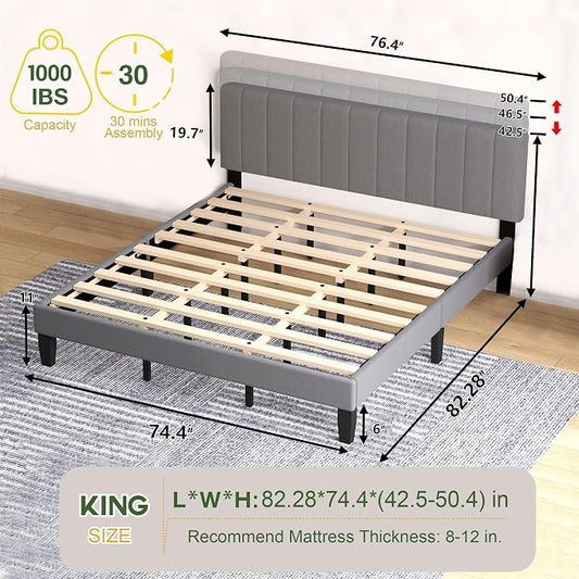King Size Bed Frame with Velvet Upholstered Platform Bed and Wooden Slats Support, Adjustable Height Headboard/No Box Spring Needed/Easy Assembly/Mattress Foundation