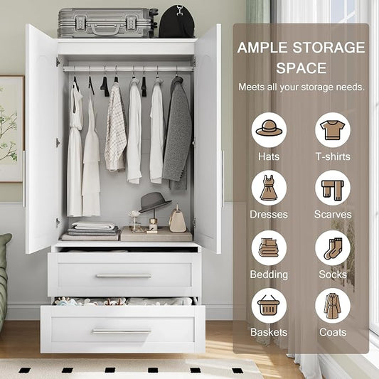 Einhomn Wooden Armoire Wardrobe Closet with 2 Doors and 2 Drawers,Bedroom Freestanding Armoire Storage Cabinet with Shelves,Tall Clothing Storage Cabinet for Bedroom,White