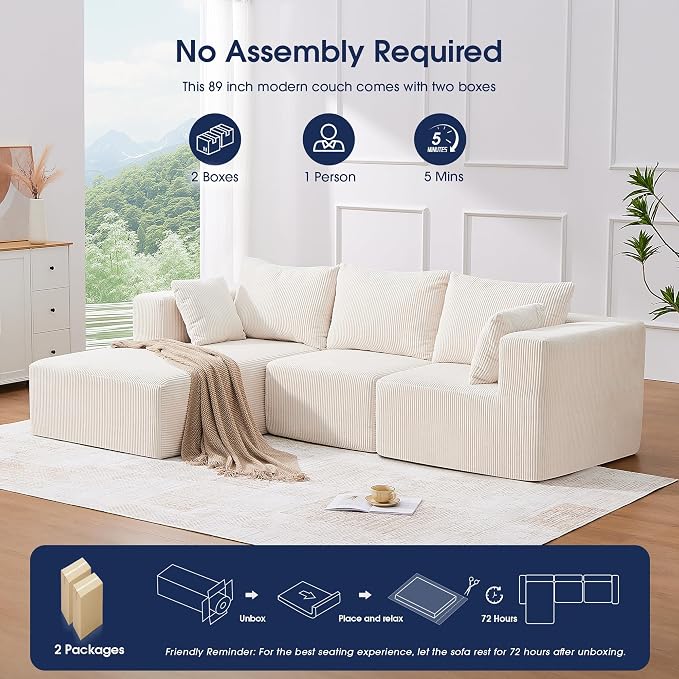 KINGYES Boneless Chaise Lounge Chair for Modular Sectional Sofa, L Shape Corduroy Upholstered Chaise Lounge for Living Room, Beige