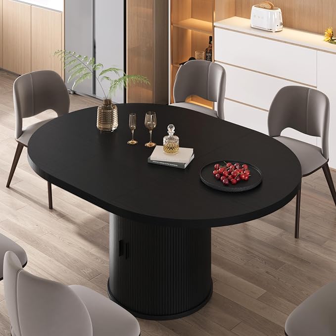 Vipbear Extendable Dining Table 43-59" for 4-6 People, Solid Wood Top with Fluted Slide Door & 8-Compartment Storage, Space Saving Round Dining Room Kitchen Dinner Tables with Pedestal Base (Black)