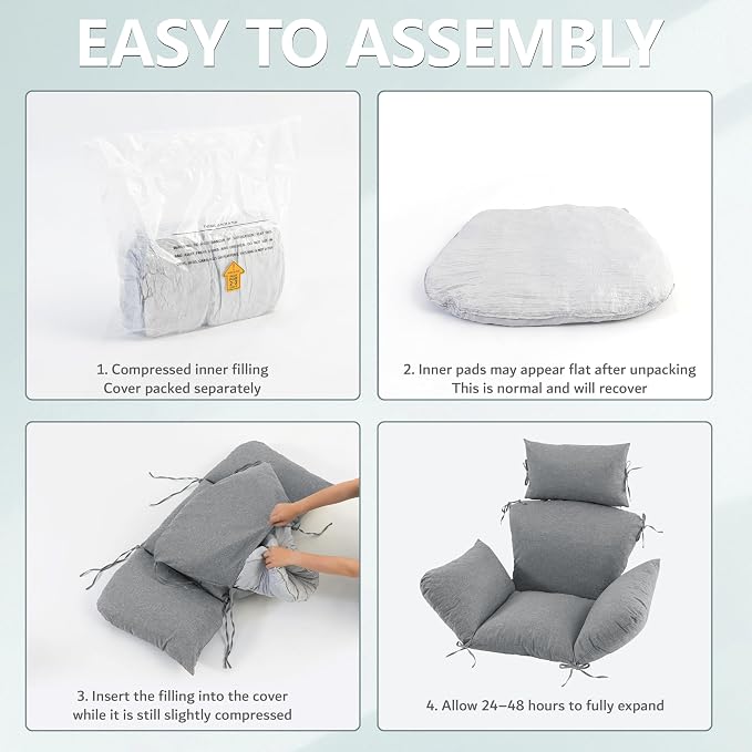 Egg Chair Cushion with 8 Securing Straps, Water-Repellent & Fade-Resistant Faux Linen, Removable Cover, Replacement Cushion for Most Single Outdoor Hanging Swing Egg Chairs – Dark Grey