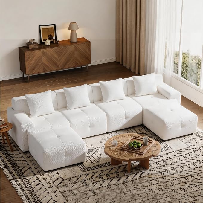 135" Cloud Couch Sectional with 2 Ottoman, U-Shaped Boneless Sofa,Modern Modular Couch, Pineapple Grid Fabric with Foam & Spring Filling for Living Room, No Assembly Required (White, 4seates)