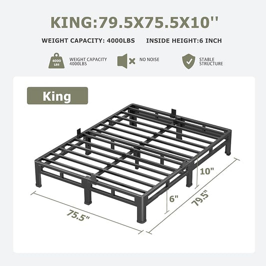 NKZ 10 Inch King Size Bed Frame, Metal Bed Frame & Box Spring 2 in 1 Platform with Round Corner Legs, 4000lbs Weight Capacity Reinforced Low Profile Metal Frame, Noise-Free, Easy Assembly