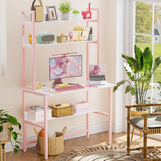 Aquzee Girls Desk with Hutch, 40“W x 19.6" D Computer Desk with Shelves, Tall Home Office Desk with Bookshelf, Metal Legs Study Table with Upper Storage Shelf for Study Writing/Workstation, Pink