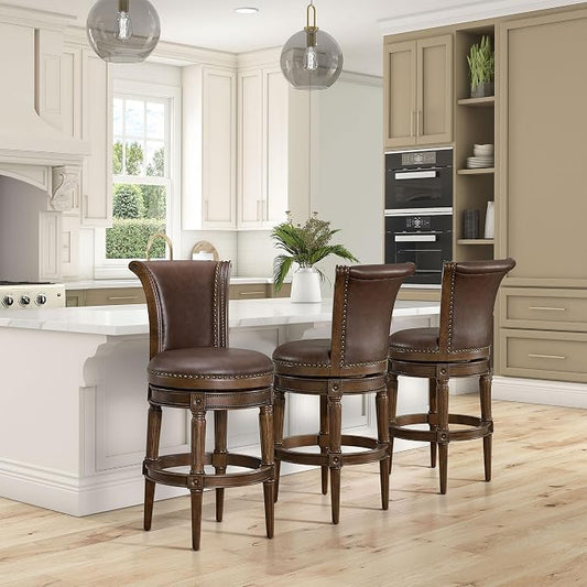 ROME + OAK Set of 2 Runyan 31" Swivel Bar Stool, High Back Barstool in Dark Walnut Finish with Vintage Brown Vegan Leather Seat