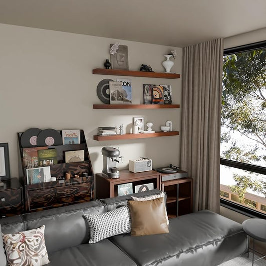 Floating Shelves for Wall, 48 Inch Extra Long Brown Wall Shelves, Set of 3, Hanging Invisible Brackets Floating Shelves for Living Room,Bedroom,and Kitchen