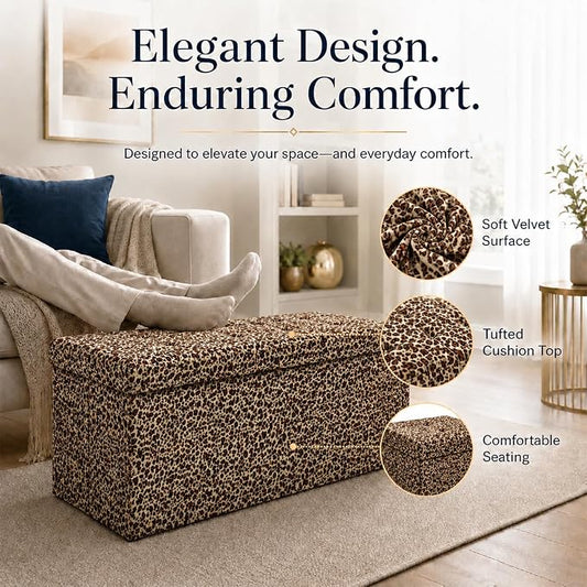 ALASDO 30 Inch Folding Storage Ottoman Bench with Hidden Storage, PU Leather Ottoman Foot Rest Stool, End of Bed Bench for Bedroom, Living Room, Entryway and Closet, Leopard Print