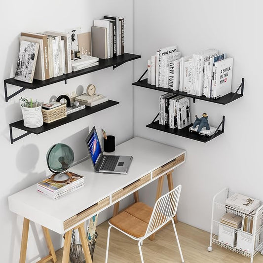 Heimlove Black Deep Floating Shelves for Wall, 24W x 12D Wood Wall Shelves Set of 2, Wide Floating Bookshelf for Living Room, Kitchen, Office, Bedroom and Decor Storage, with Metal Bracket - Black