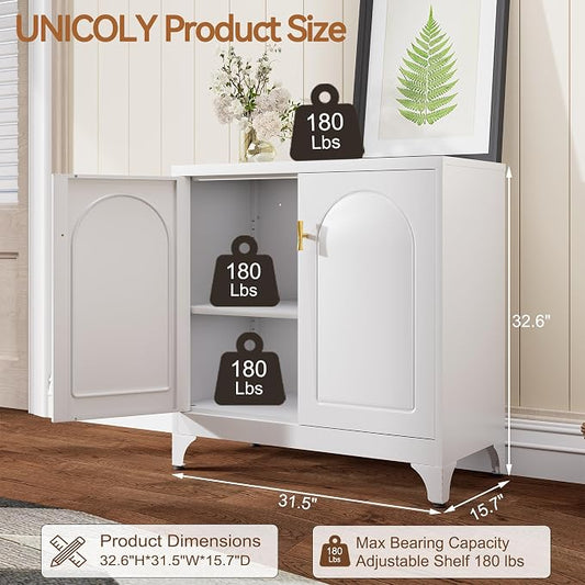 UNICOLY Buffet Cabinet with Storage, 33" H Side Board Storage Cabinet with Doors and Shelves, Metal Sideboard Cabinets for Dining Room, Living Room, White