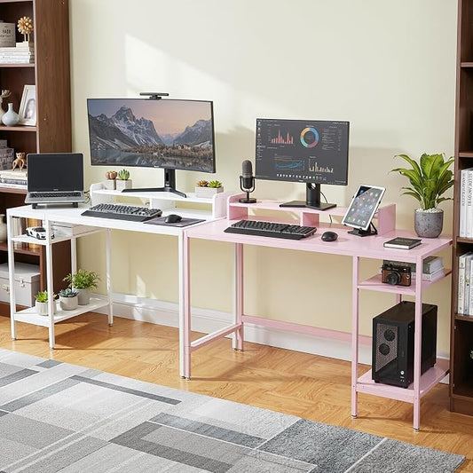 MINOSYS 47-inch Computer Desk with Storage Shelf - Ideal Gaming Desk for Bedrooms, Small Spaces, and Home Offices Modern Writing Desk for PCs,Pink Table.