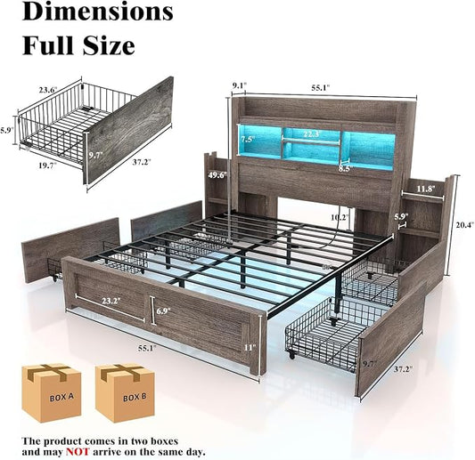 LUXOAK Full Bed Frame with 49.6" Bookcase Headboard & 2 Detachable Bedside Stoage Racks & 4 Drawers, Farmhouse Wood Bed Frame with RGB LED & Charging Station, No Box Spring Needed, Grey
