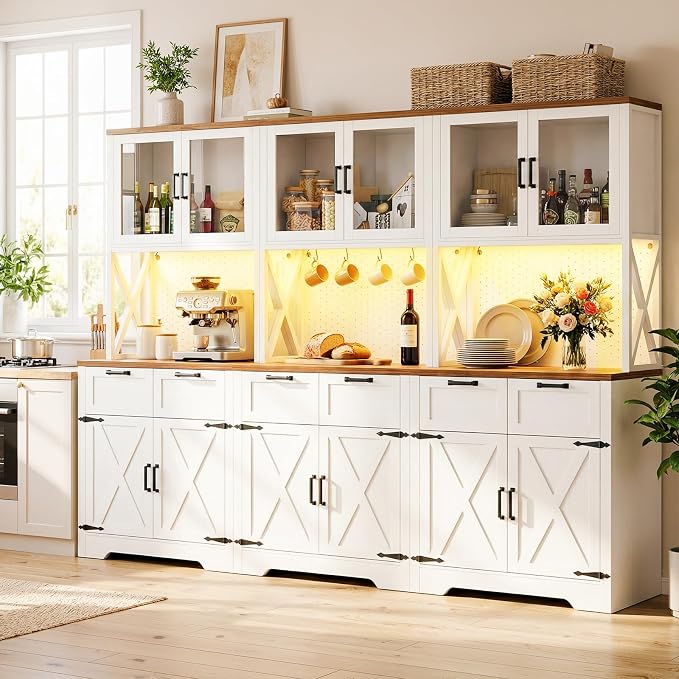 Unikito 94.5" Wide Kitchen Pantry Cabinet with 3 Power Outlets & LED Light, 71" Tall Large Kitchen Hutch with Countertop, DIY Pegboard with 18 Hooks & 6 Drawers, Farmhouse Food Pantry, Rustic White